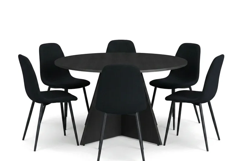 Vera spisegruppe rund 130 cm svart med 6 Nibe spisestoler, Svart