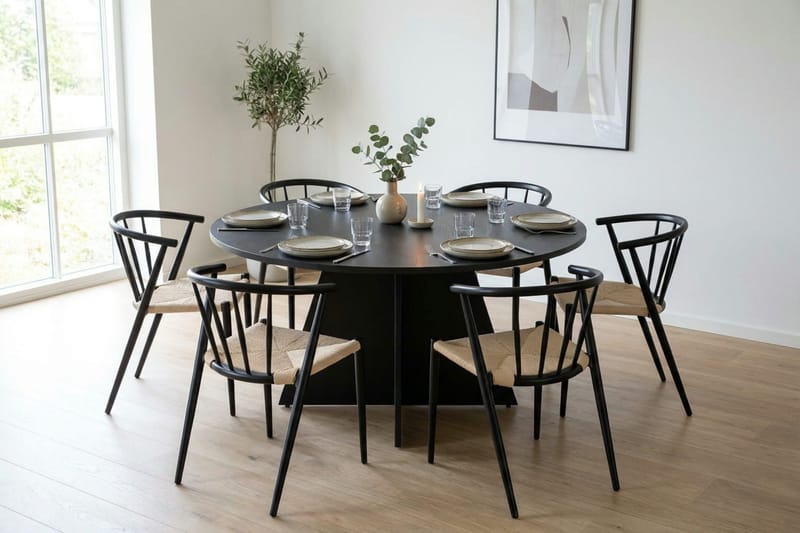 Vera spisegruppe rund 130 cm svart med 6 Winston spisestoler - Svartbeiset eik - Møbler - Bord - Spisegrupper