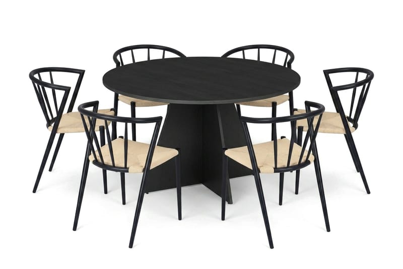 Vera spisegruppe rund 130 cm svart med 6 Winston spisestoler - Svartbeiset eik - Møbler - Bord - Spisegrupper