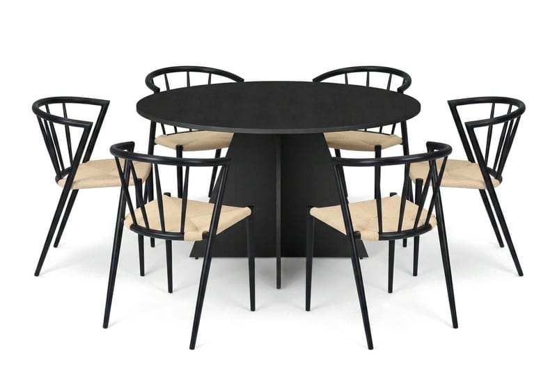 Vera spisegruppe rund 130 cm svart med 6 Winston spisestoler, Svartbeiset eik