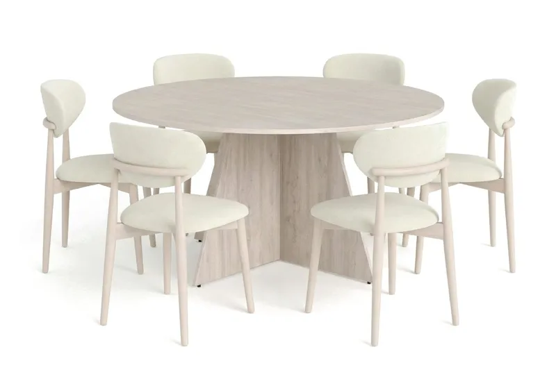 Vera spisegruppe rund 150 cm hvitlasert med 6 Molly spisestoler, Hvitbeiset eik