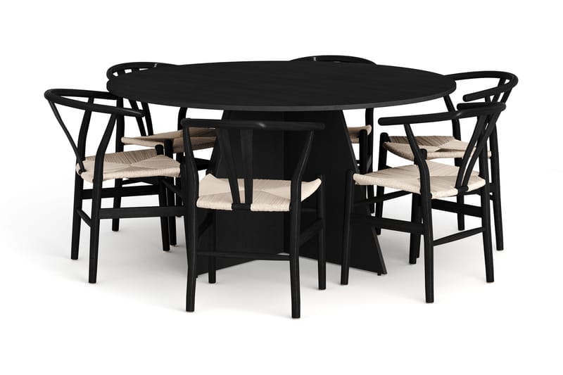Vera spisegruppe rund 150 cm svart med 6 Dastoori spisestoler, Svartbeiset eik