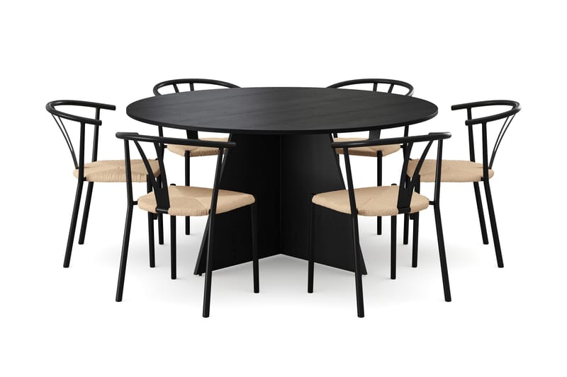 Vera spisegruppe rund 150 cm svart med 6 Elysia spisestoler - Svartbeiset eik - Møbler - Bord - Spisegrupper
