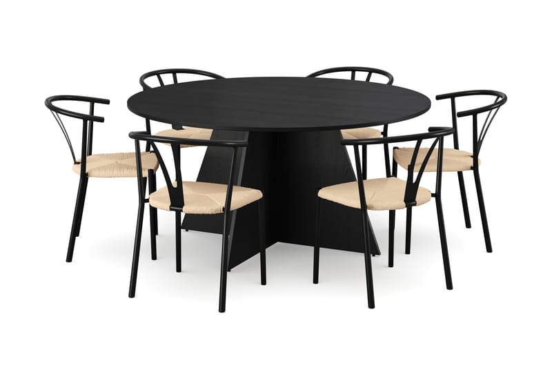 Vera spisegruppe rund 150 cm svart med 6 Elysia spisestoler, Svartbeiset eik