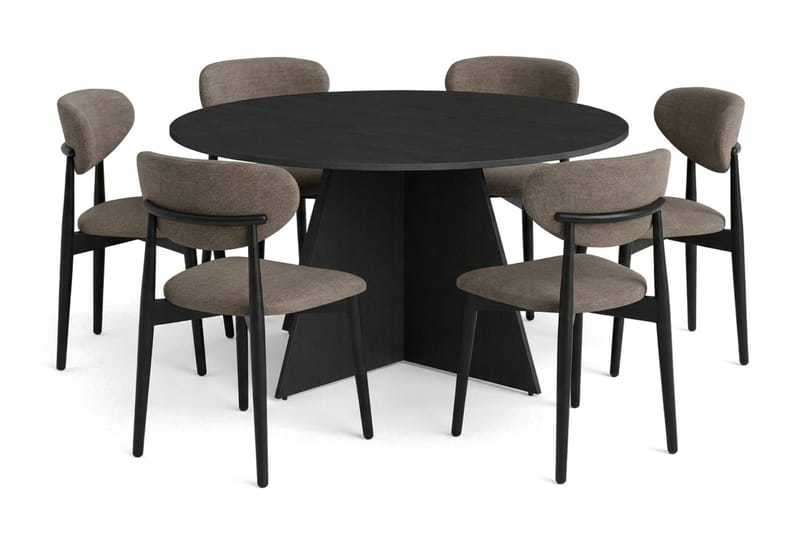 Vera spisegruppe rund 150 cm svart med 6 Molly spisestoler, Svartbeiset eik