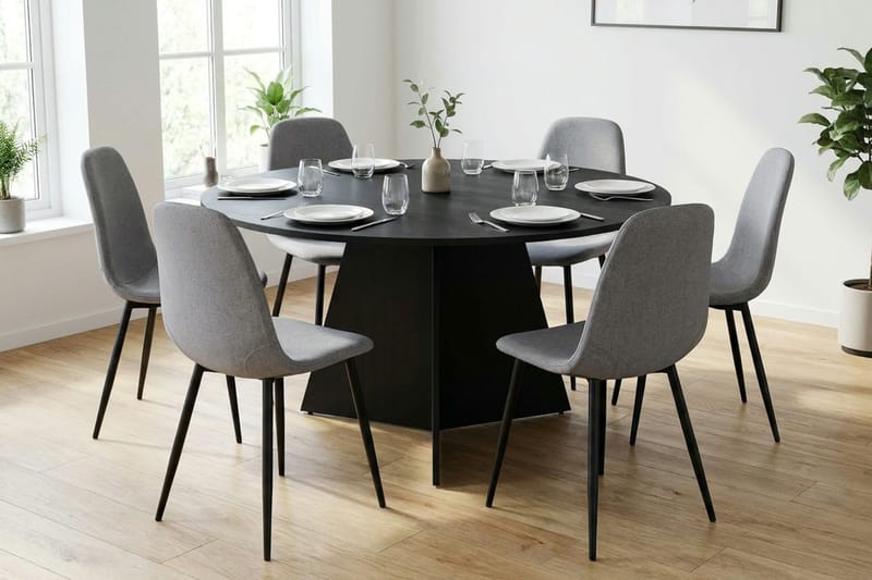 Vera spisegruppe rund 150 cm svart med 6 Nibe spisestoler - Svart - Møbler - Bord - Spisegrupper