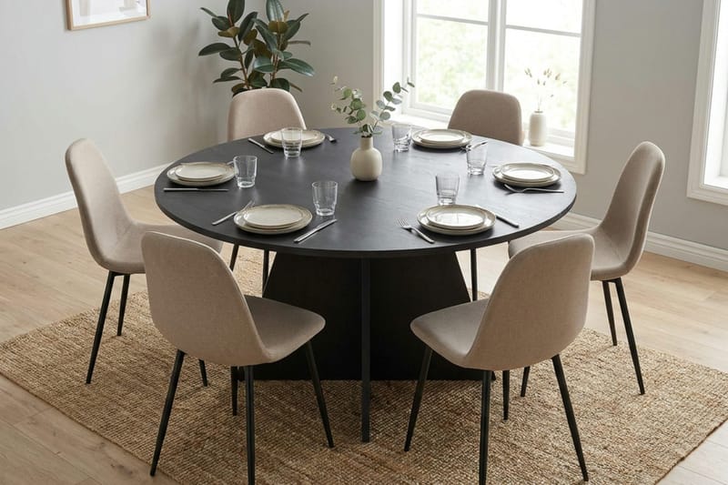 Vera spisegruppe rund 150 cm svart med 6 Nibe spisestoler - Svart - Møbler - Bord - Spisegrupper