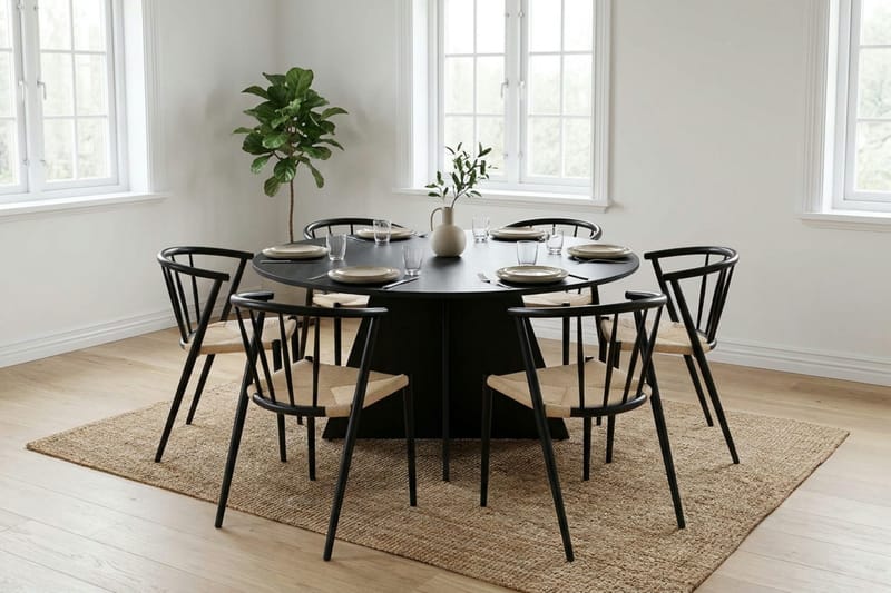 Vera spisegruppe rund 150 cm svart med 6 Winston spisestoler - Svart - Møbler - Bord - Spisegrupper