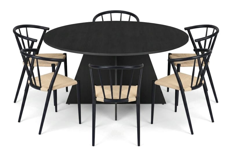 Vera spisegruppe rund 150 cm svart med 6 Winston spisestoler, Svart