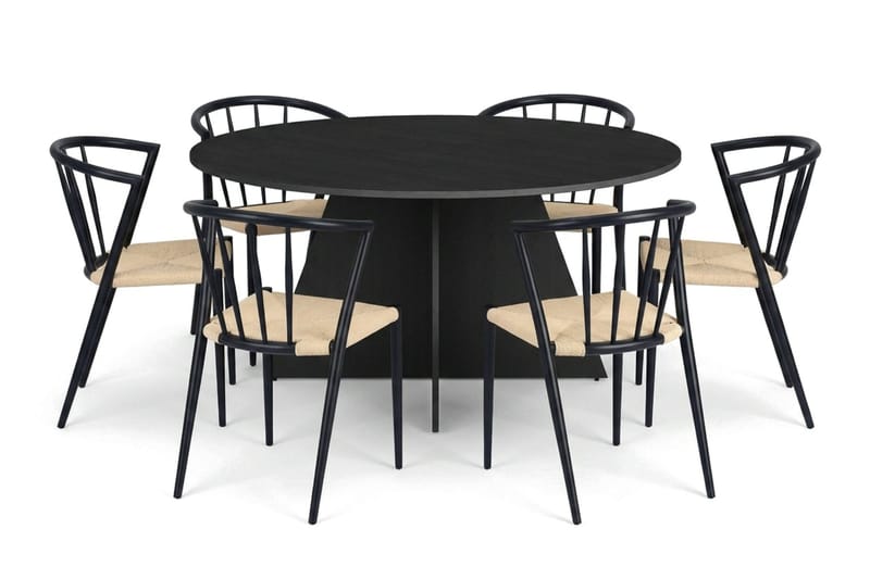 Vera spisegruppe rund 150 cm svart med 6 Winston spisestoler - Svart - Møbler - Bord - Spisegrupper