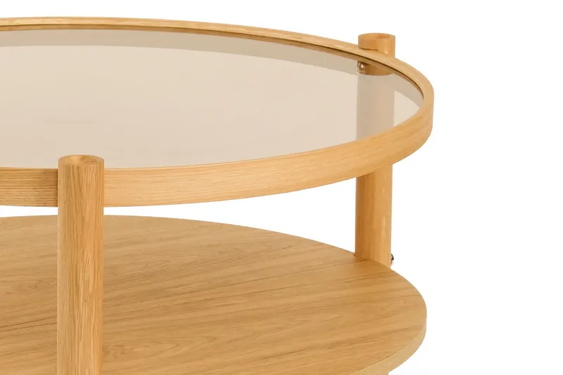 Vornel 80 cm Rundt Sofabord med Hyller i med Treben - Brunt Røykglass - Møbler - Bord - Sofabord