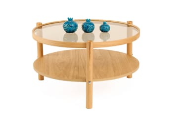 Vornel 80 cm Rundt Sofabord med Hyller i med Treben - Brunt Røykglass - Møbler - Bord - Sofabord