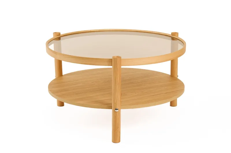 Vornel 80 cm Rundt Sofabord med Hyller i med Treben - Brunt Røykglass - Møbler - Bord - Sofabord