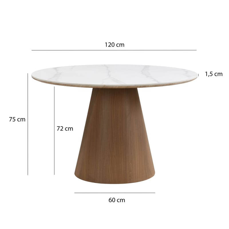 Zelnor rundt spisebord 120 cm med sinteret steinplate i marmorlook - hvit marmorlook valnøttlook - Møbler - Bord - Spisebord & kjøkkenbord