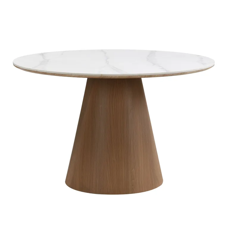 Zelnor rundt spisebord 120 cm med sinteret steinplate i marmorlook, hvit marmorlook valnøttlook