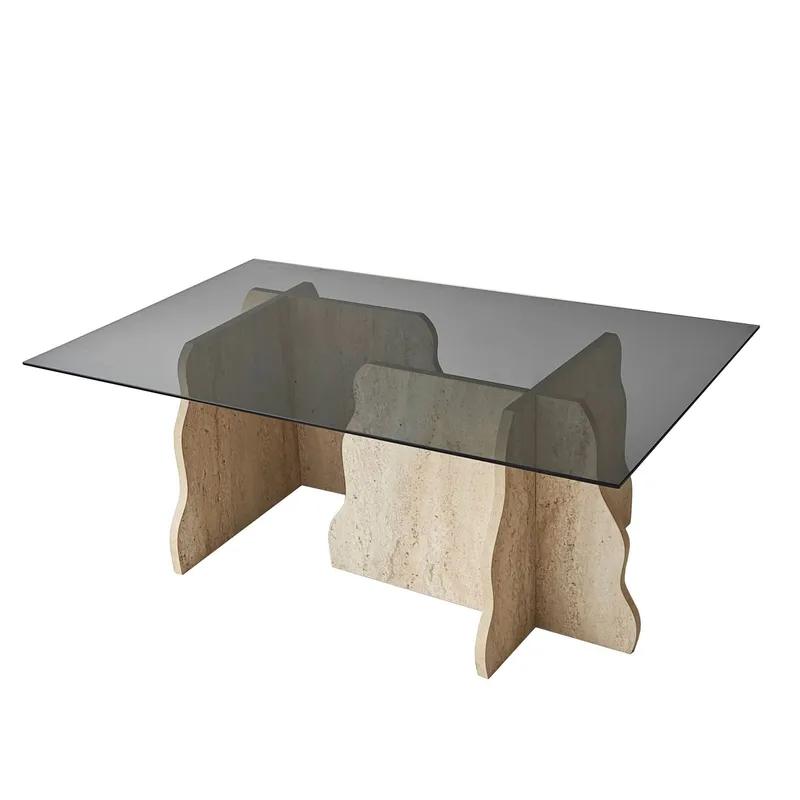 Zevric sofabord 65x105 cm rektangulært glass, Travertin og Røkt