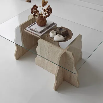 Zevric sofabord 65x105 cm rektangulært glass - Travertin og Transparent - Møbler - Bord - Sofabord