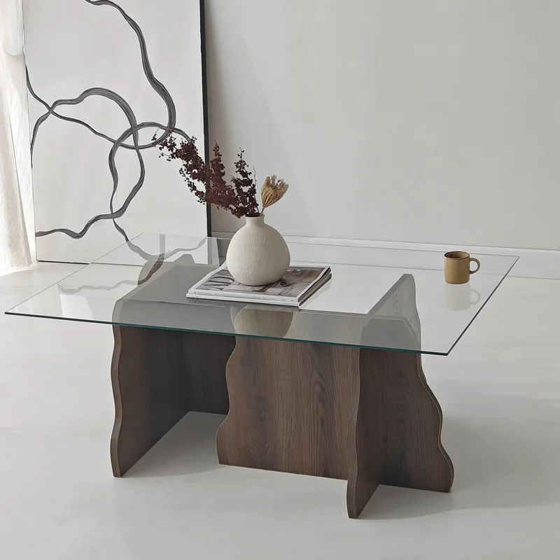 Zevric sofabord 65x105 cm rektangulært glass - Valnøtt og Transparent - Møbler - Bord - Sofabord
