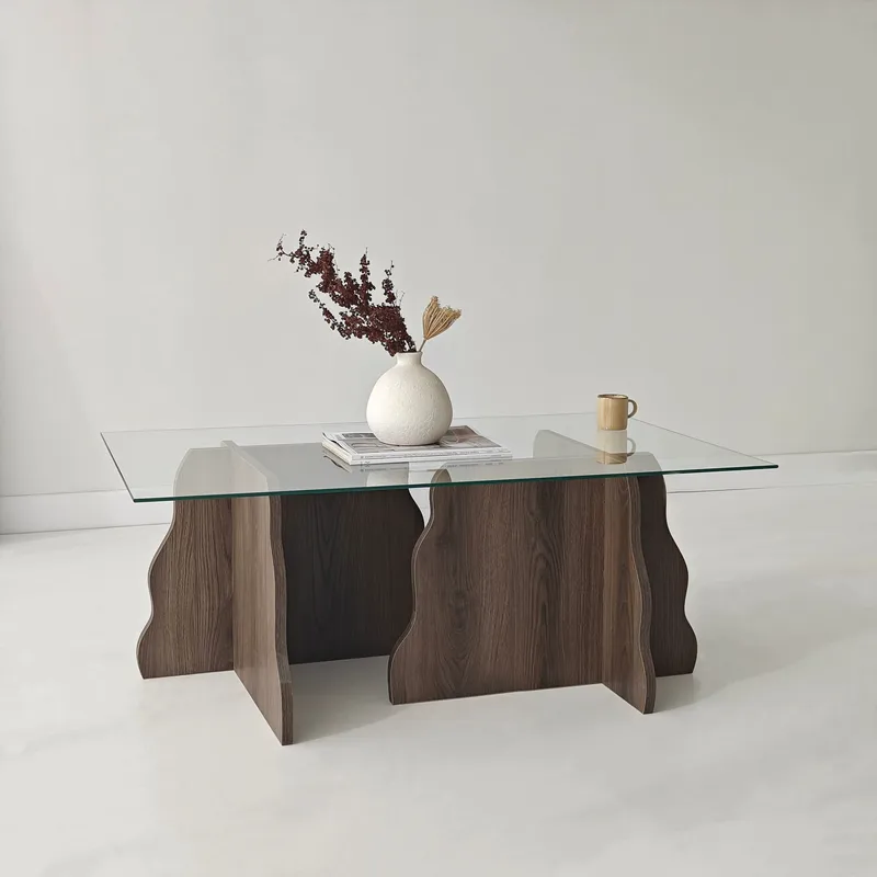 Zevric sofabord 65x105 cm rektangulært glass - Valnøtt og Transparent - Møbler - Bord - Sofabord