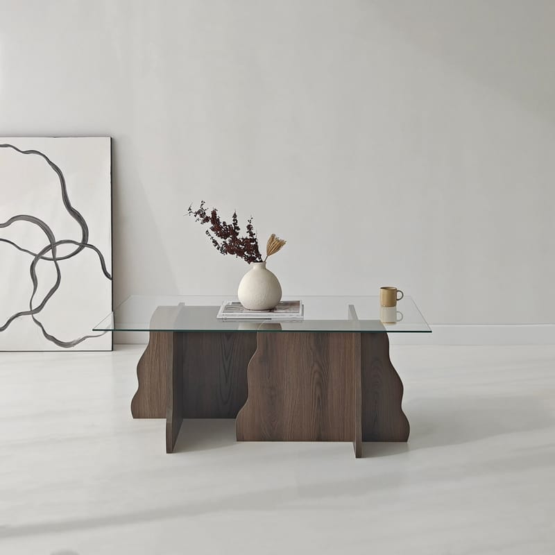 Zevric sofabord 65x105 cm rektangulært glass - Valnøtt og Transparent - Møbler - Bord - Sofabord
