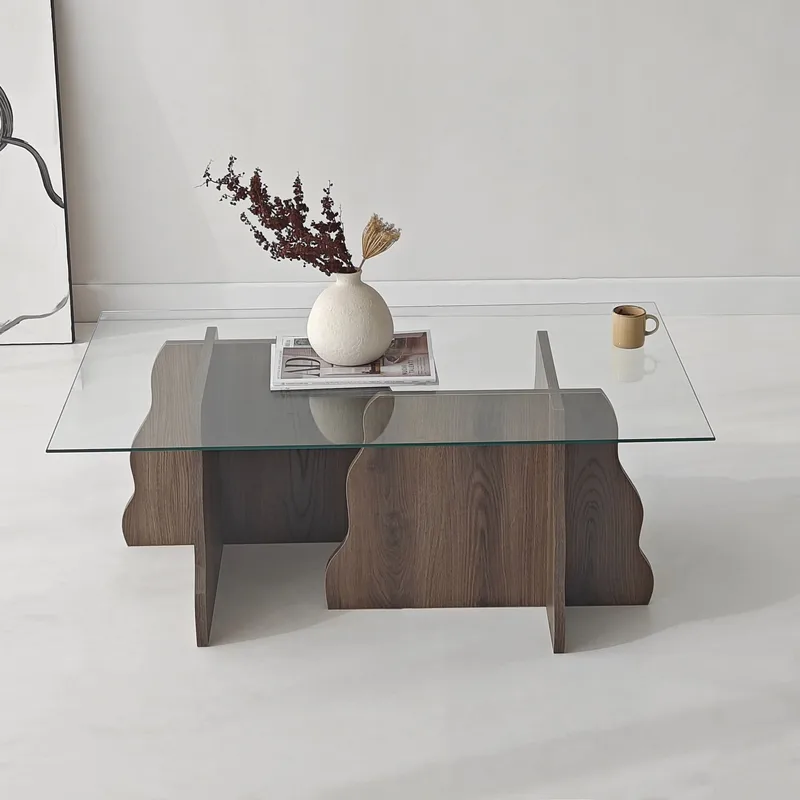 Zevric sofabord 65x105 cm rektangulært glass - Valnøtt og Transparent - Møbler - Bord - Sofabord
