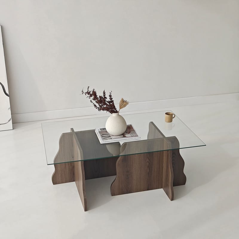 Zevric sofabord 65x105 cm rektangulært glass - Valnøtt og Transparent - Møbler - Bord - Sofabord
