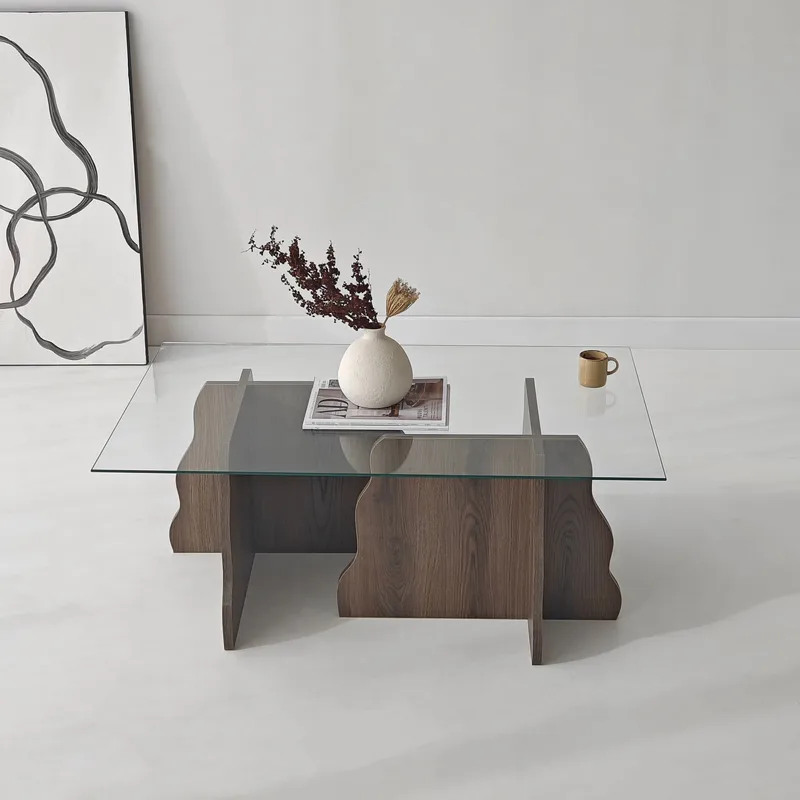 Zevric sofabord 65x105 cm rektangulært glass - Valnøtt og Transparent - Møbler - Bord - Sofabord