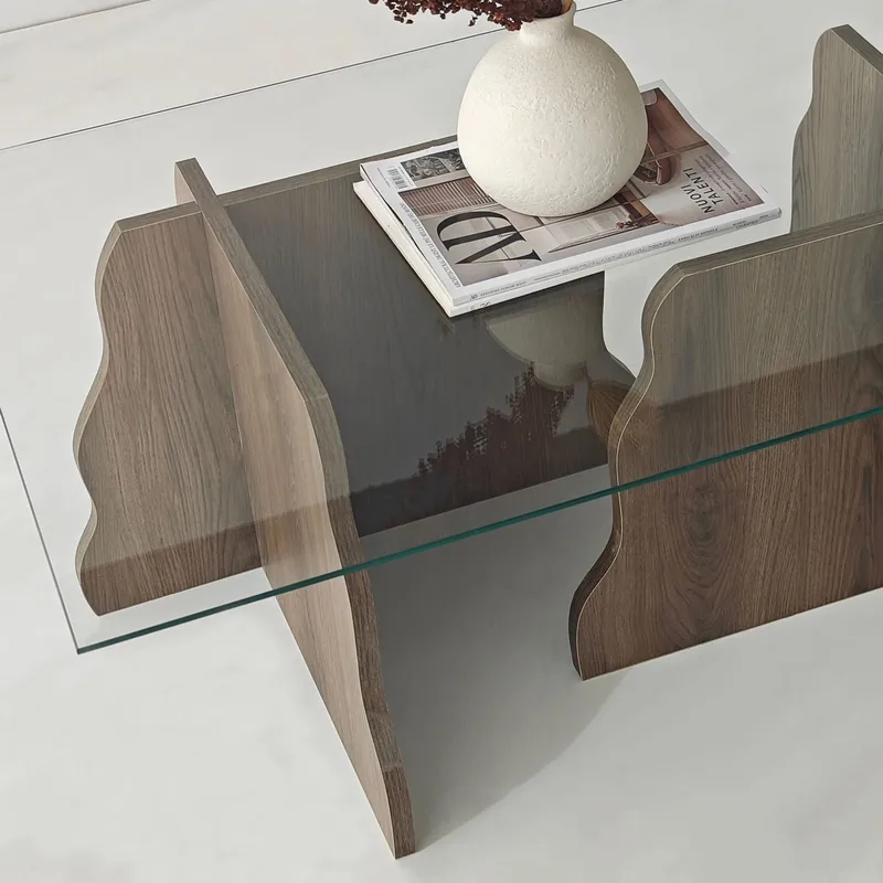 Zevric sofabord 65x105 cm rektangulært glass - Valnøtt og Transparent - Møbler - Bord - Sofabord