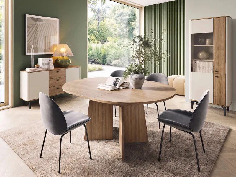 Zeyrin Møbelsett til stue - Skjenk + Vitrineskap + Spisebord 120 cm - Brun|beige - Møbler - Møbelsett - Møbelsett til stue