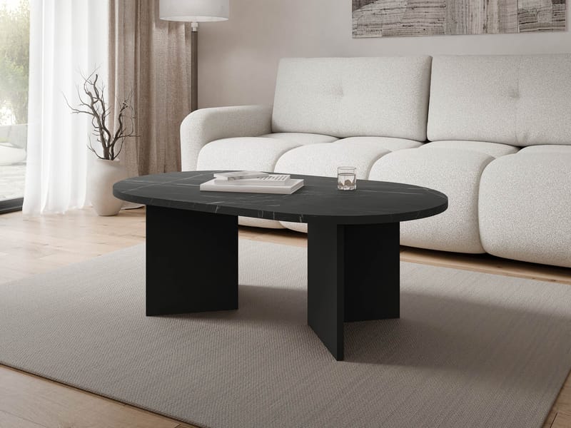 Zyleron Ovalt Sofabord 110x65 cm med Marmorutseende og Panelben - Svart - Møbler - Bord - Sofabord