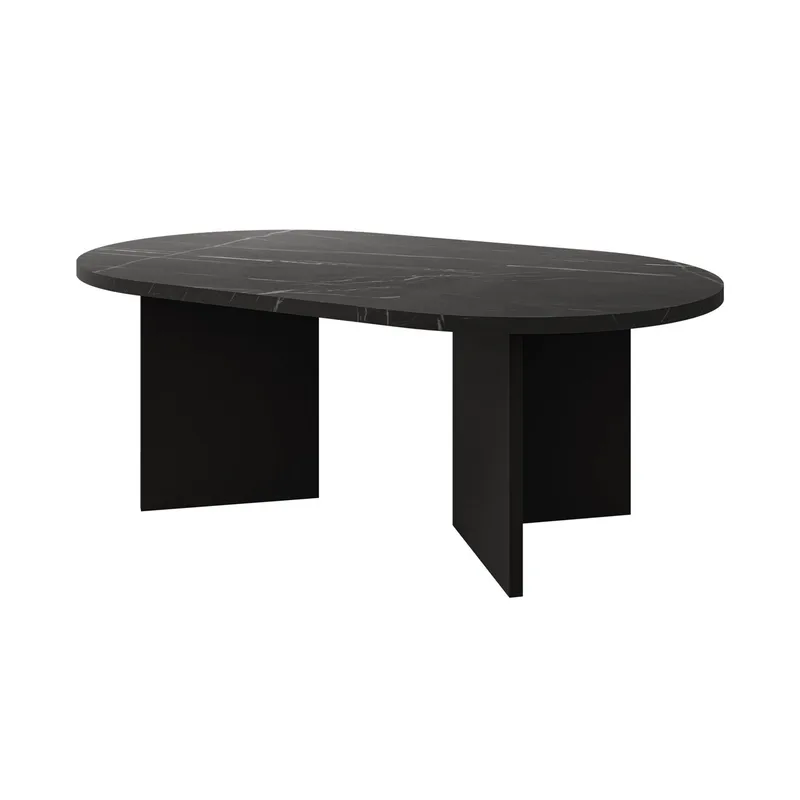 Zyleron Ovalt Sofabord 110x65 cm med Marmorutseende og Panelben, Svart