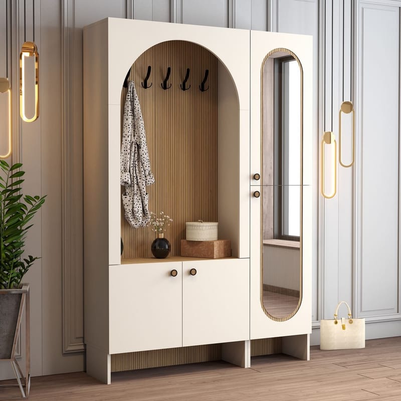 Ayleid hallmøbel med speil 200 cm - Krem / Eik - Møbler - Gangmøbler - Møbelsett til gang & entre