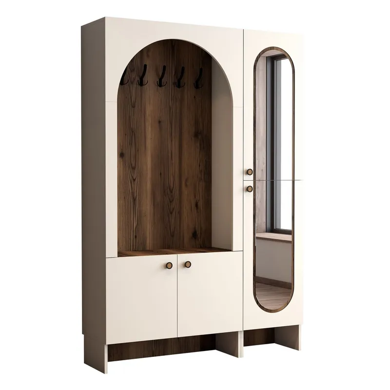 Ayleid hallmøbel med speil 200 cm, Krem / Valnøtt