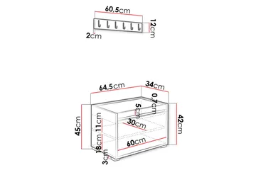 Grawis Sittebenk med 6-pk Veggdekorasjon 60x30 cm - Hvit - Møbler - Gangmøbler - Møbelsett til gang & entre