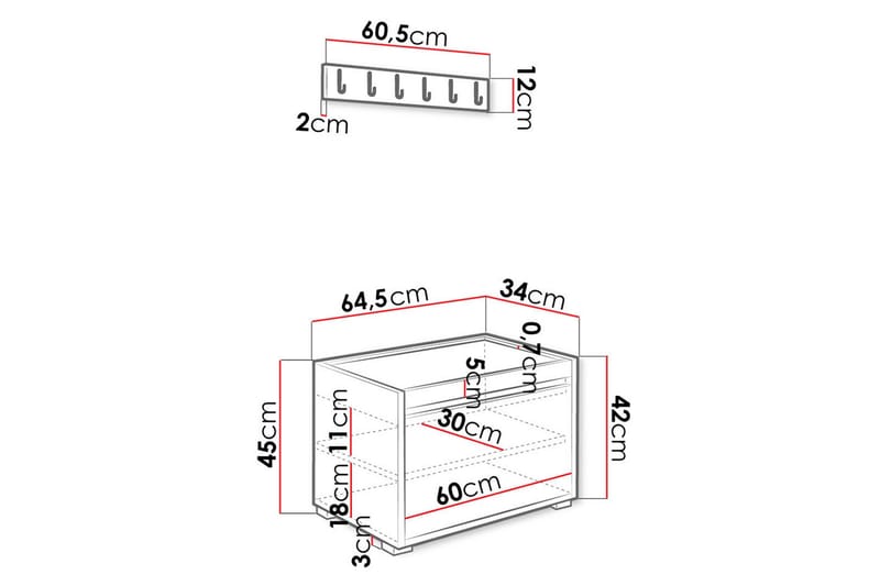 Grawis Sittebenk med 6-pk Veggdekorasjon 60x30 cm - Hvit - Møbler - Gangmøbler - Møbelsett til gang & entre