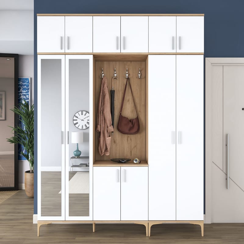 Hallstativ Wallxpert Isla-hylle v2 (180 x 240 x 37,5 cm) Valnøtt hvit - Valnøtt og hvit - Møbler - Gangmøbler - Møbelsett til gang & entre