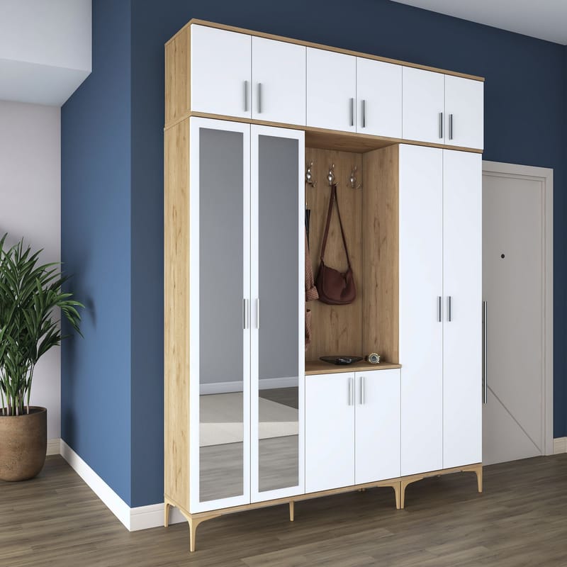 Hallstativ Wallxpert Isla-hylle v2 (180 x 240 x 37,5 cm) Valnøtt hvit - Valnøtt og hvit - Møbler - Gangmøbler - Møbelsett til gang & entre
