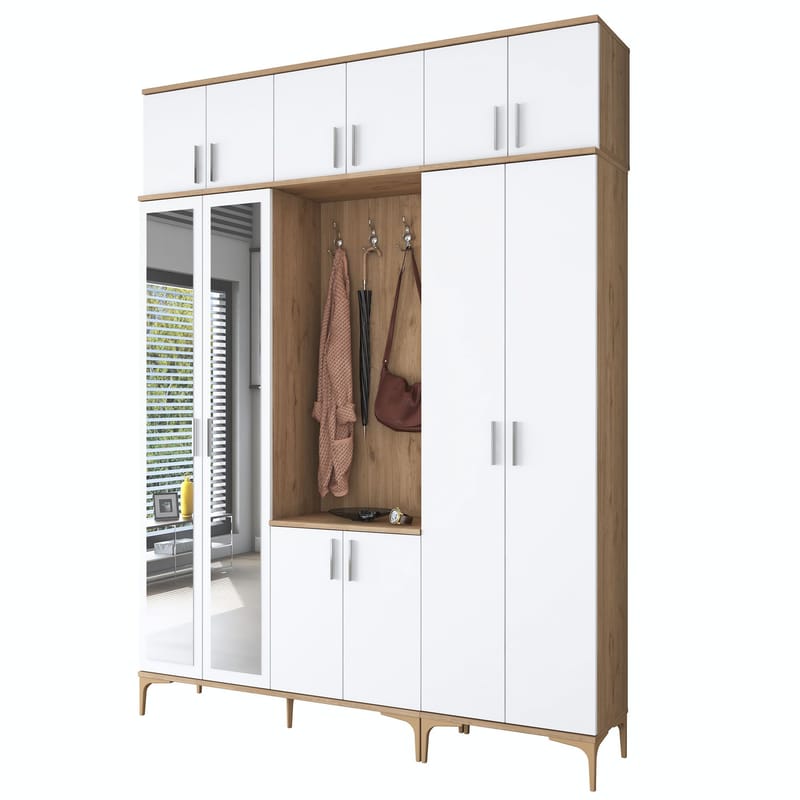 Hallstativ Wallxpert Isla-hylle v2 (180 x 240 x 37,5 cm) Valnøtt hvit - Valnøtt og hvit - Møbler - Gangmøbler - Møbelsett til gang & entre