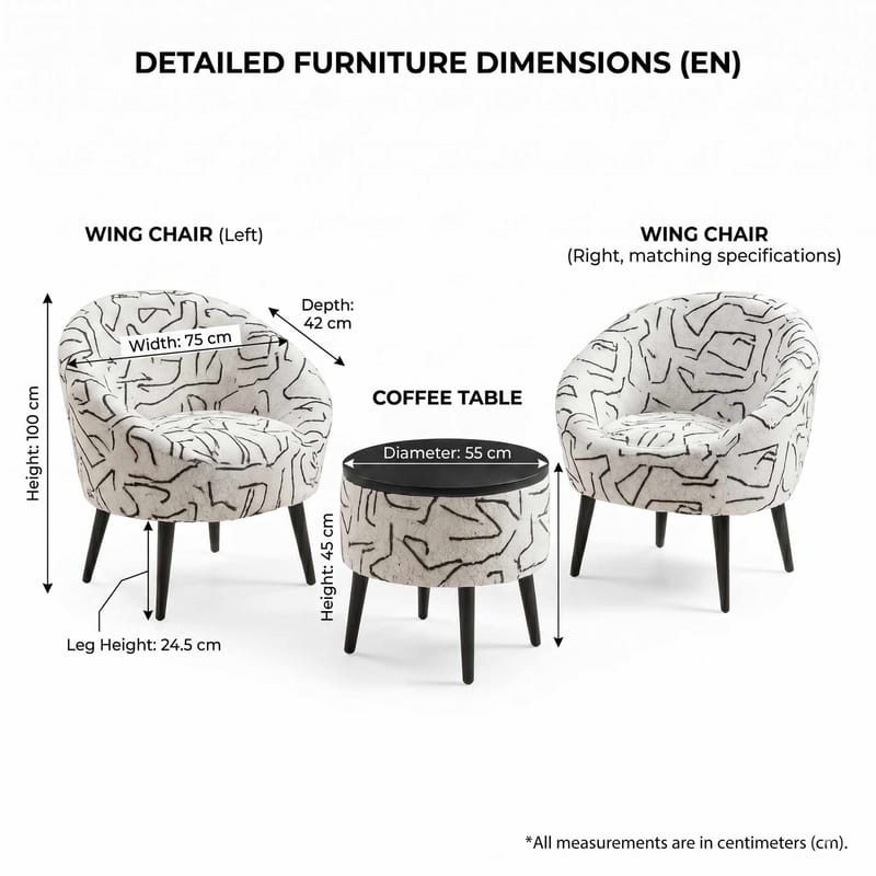 Ørelappstol- og salongbordsett (3 deler) Atelier Del Sofa Lida (75 x 100 x 42 cm) Svart hvit - Svart/hvit - Møbler - Møbelsett - Møbelsett til stue