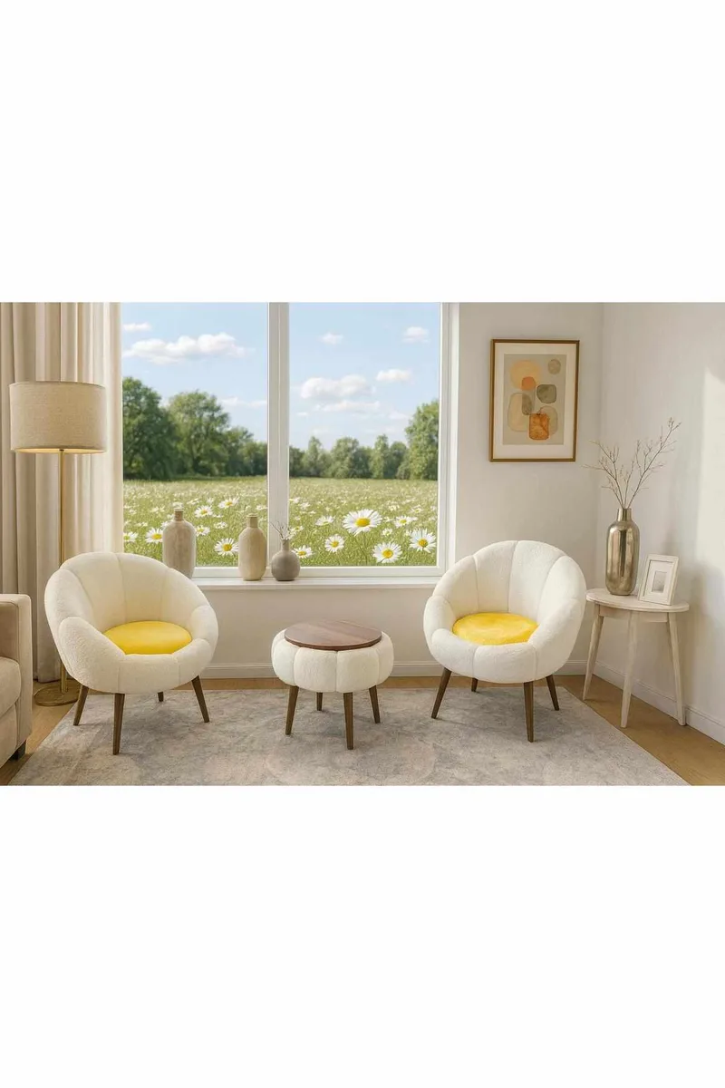 Ørelappstol- og salongbordsett (3 deler) Atelier Del Sofa Lida Linen (75 x 100 x 42 cm) Hvit - Møbler - Møbelsett - Møbelsett til stue