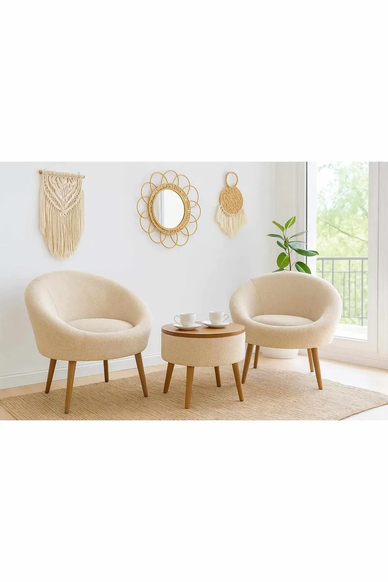 Ørelappstol- og salongbordsett (3 deler) Atelier Del Sofa Lida Linen (75 x 100 x 42 cm) Krem - Møbler - Møbelsett - Møbelsett til stue