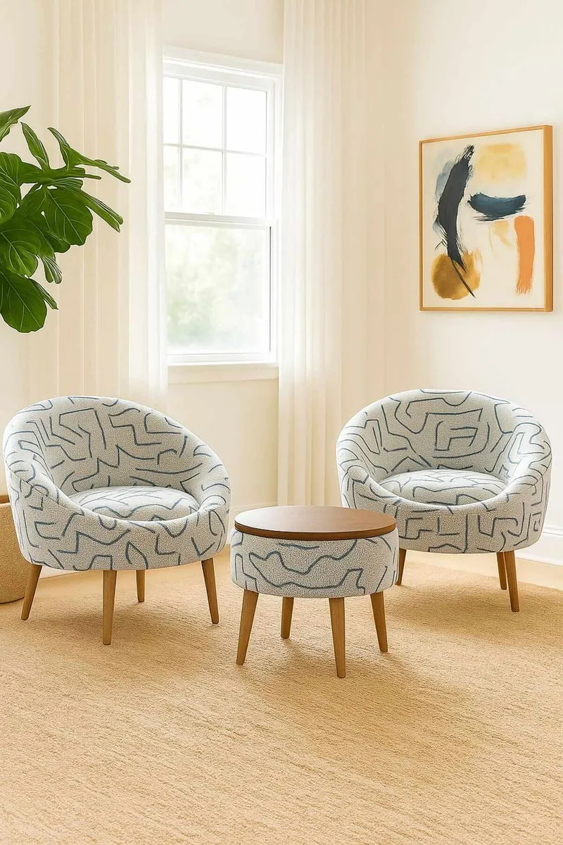 Ørelappstol- og salongbordsett (3 deler) Atelier Del Sofa Lida Weave (75 x 100 x 42 cm) Mørk blå Hvit - Mørk blå og hvit - Møbler - Møbelsett - Møbelsett til stue
