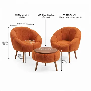 Ørelappstol- og salongbordsett (3 deler) Atelier Del Sofa Lida Wellsoft (75 x 100 x 42 cm) Oransje - Møbler - Møbelsett - Møbelsett til stue