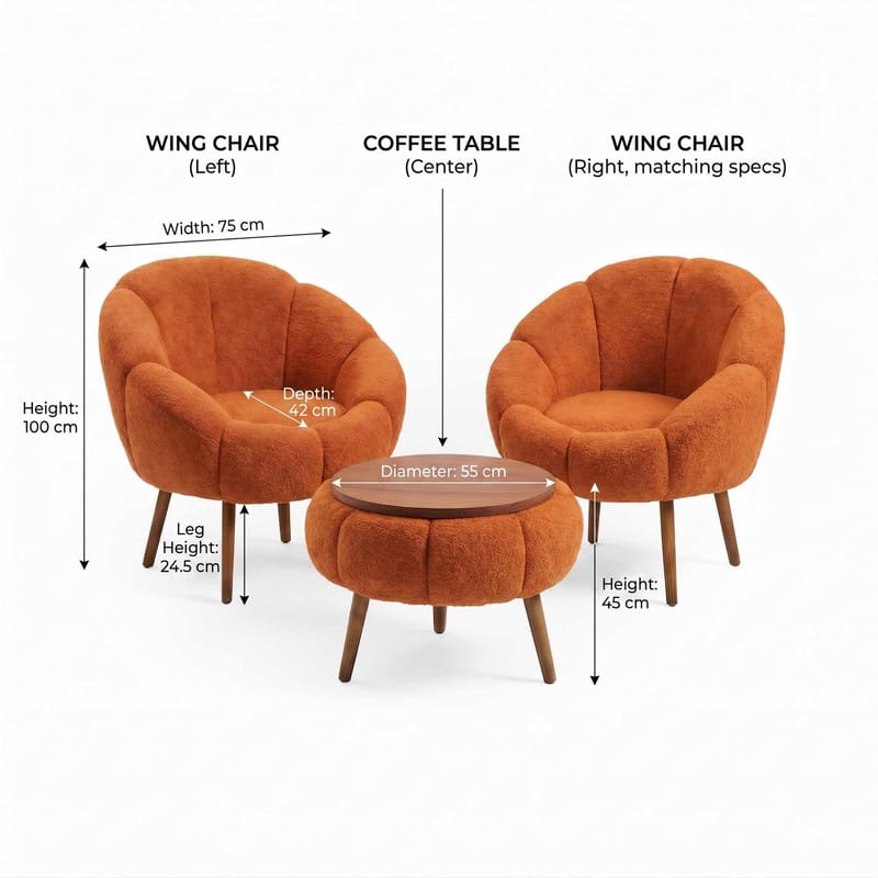 Ørelappstol- og salongbordsett (3 deler) Atelier Del Sofa Lida Wellsoft (75 x 100 x 42 cm) Oransje - Møbler - Møbelsett - Møbelsett til stue