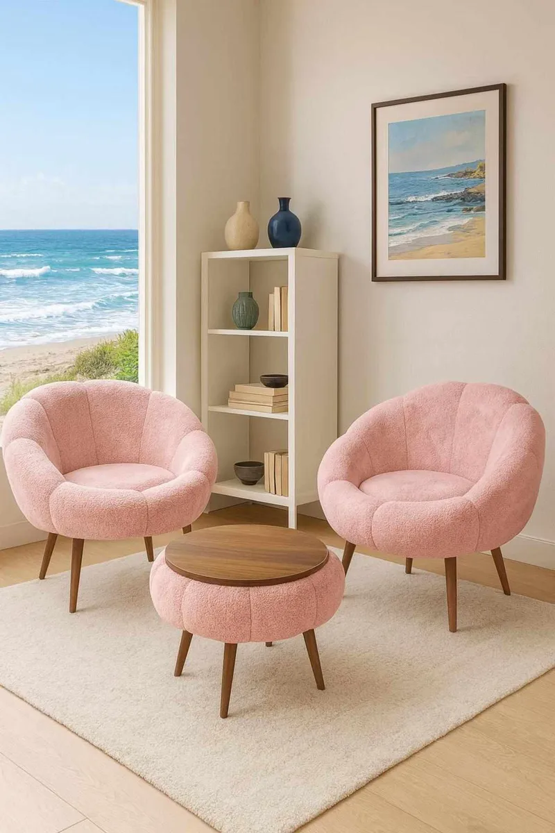 Ørelappstol- og salongbordsett (3 deler) Atelier Del Sofa Lida Wellsoft (75 x 100 x 42 cm) Rosa - Møbler - Møbelsett - Møbelsett til stue