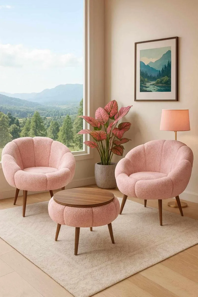 Ørelappstol- og salongbordsett (3 deler) Atelier Del Sofa Lida Wellsoft (75 x 100 x 42 cm) Rosa - Møbler - Møbelsett - Møbelsett til stue