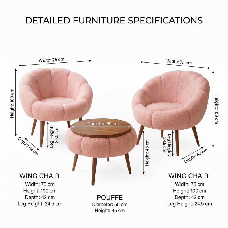 Ørelappstol- og salongbordsett (3 deler) Atelier Del Sofa Lida Wellsoft (75 x 100 x 42 cm) Rosa - Møbler - Møbelsett - Møbelsett til stue