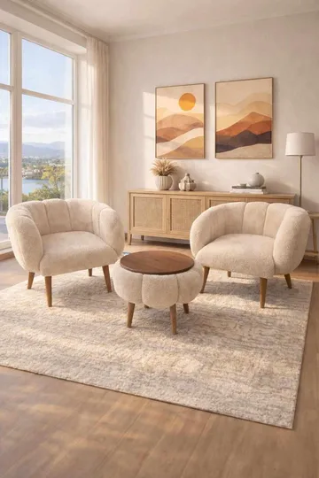 Ørelappstol- og salongbordsett (3 deler) Atelier Del Sofa Lotus Wellsoft (75 x 100 x 42 cm) Beige - Møbler - Møbelsett - Møbelsett til stue