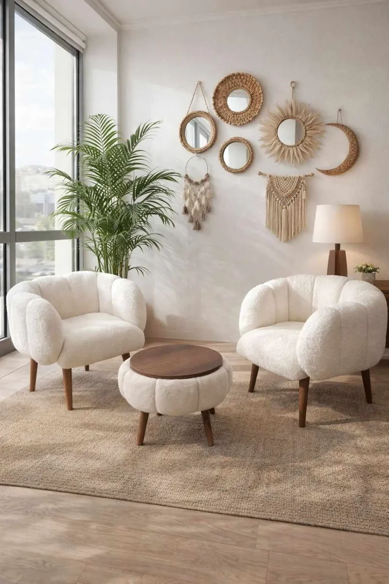 Ørelappstol- og salongbordsett (3 deler) Atelier Del Sofa Lotus Wellsoft (75 x 100 x 42 cm) Hvit - Møbler - Møbelsett - Møbelsett til stue