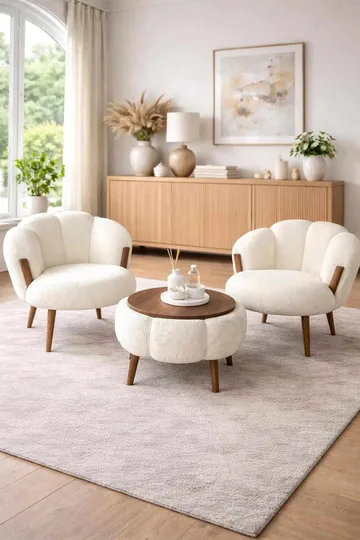 Ørelappstol- og salongbordsett (3 deler) Atelier Del Sofa Star (75 x 100 x 42 cm) Hvit - Møbler - Møbelsett - Møbelsett til stue